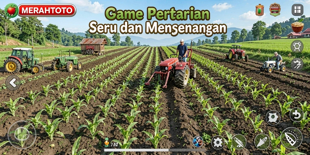 Tangkapan layar utama MERAHTOTO menampilkan aktivitas berkebun yang seru.