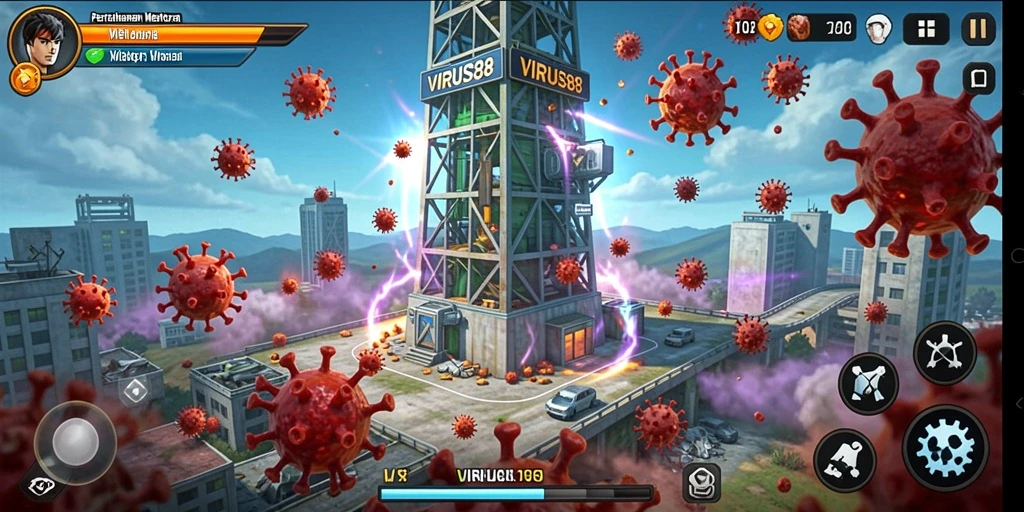 Tampilan gameplay <strong>VIRUS88</strong> yang menegangkan dengan strategi Tower Defense melawan virus.